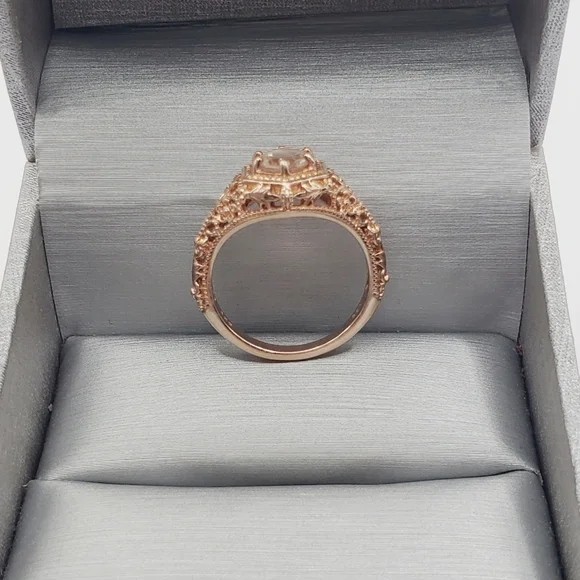 Genuine Round Morganite 14k Rose Gold - 925 Sterling Silver Filigree Floral Ring - Picture 3 of 8